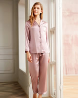 Dámské - Luxusní Hedvábné Pyžamo Dlouhé - Lotosově Růžová - Pravé Hedvábí - Elegant