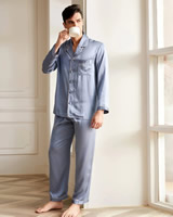 Pánské - Luxusní Hedvábné Pyžamo Dlouhé - Modrá Mlha - Pravé Hedvábí - Elegant