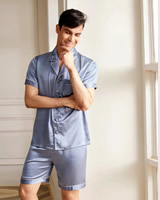Pánské - Luxusní Hedvábné Pyžamo Krátké - Modrá Mlha - Pravé Hedvábí - Elegant