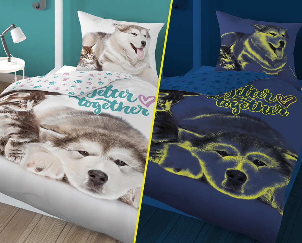 Svtc Povleen ve Tm - Dtsk Povleen - Teenager - Pejsek Husky a Kot - Bavlna