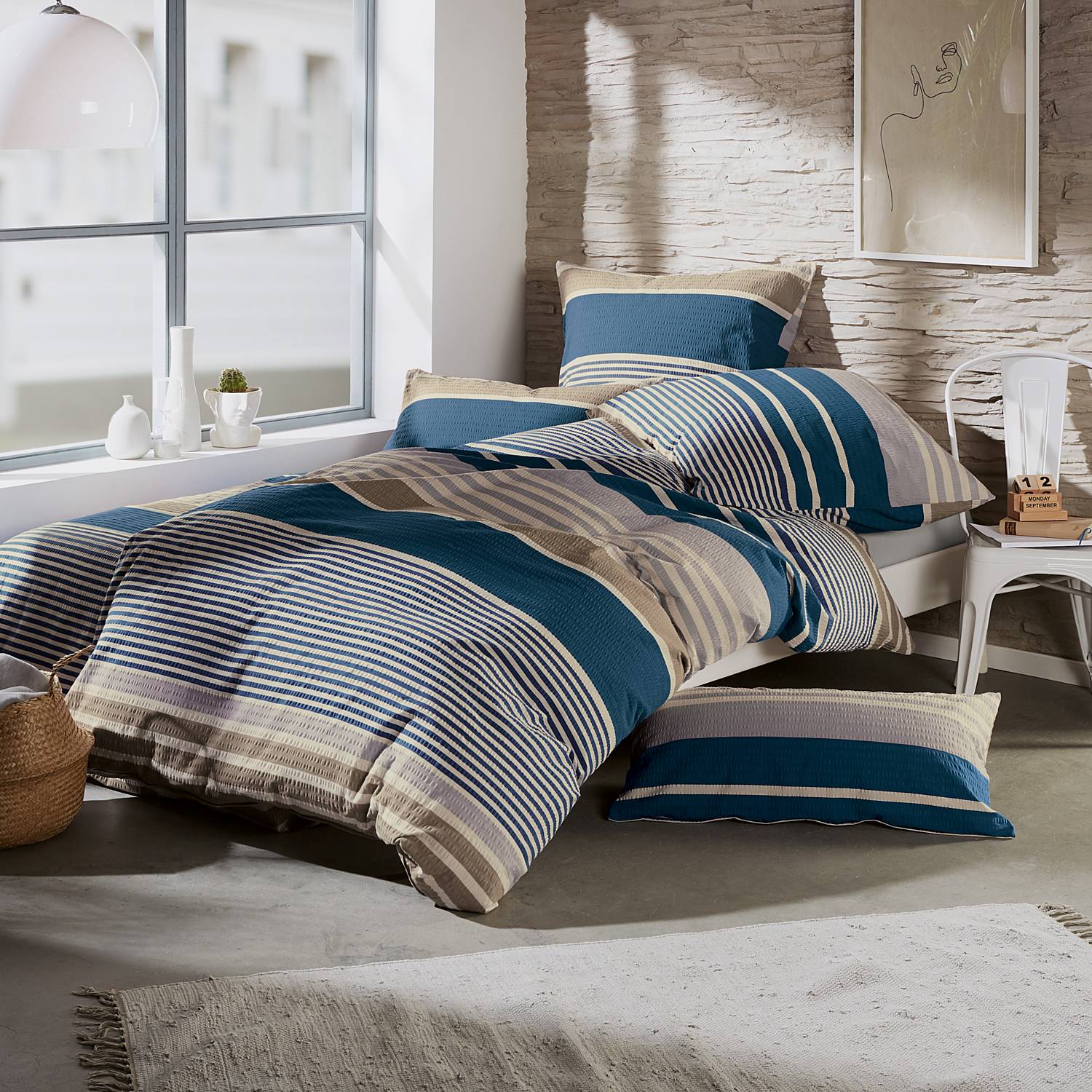 Povleen - Blue Lines - Bavlnn Zimn Soft Krep - Modern Retro Style