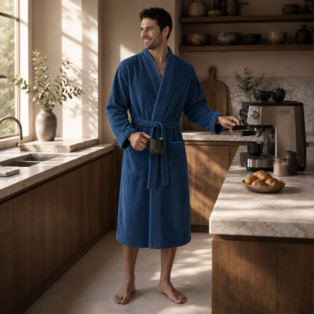 P�nsk� Wellness �upan Kimono - Federico - Modr� - 100% Bavlna Frot� Velur